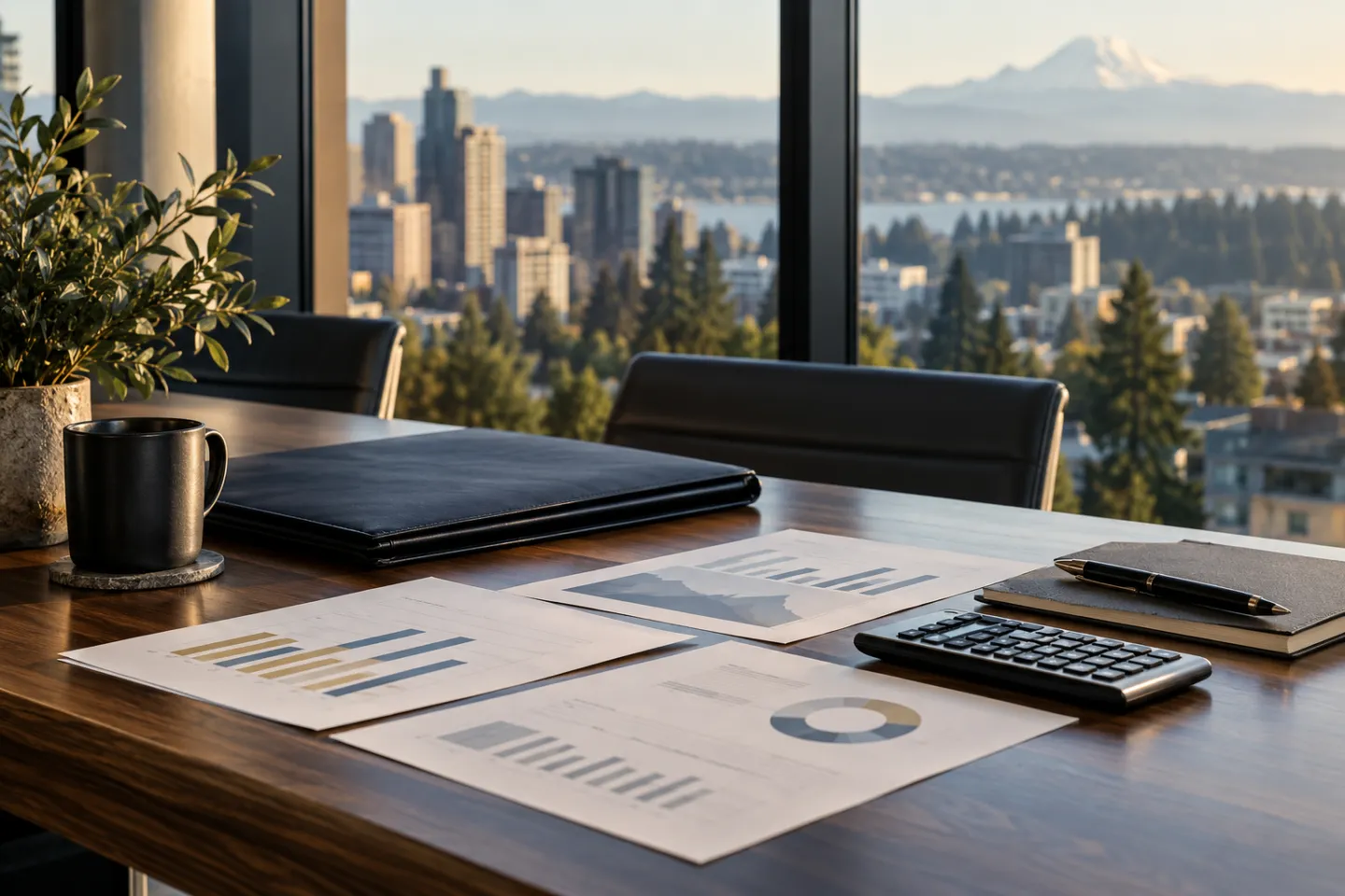 Organized financial records and a calculator on a sunlit commercial office table
