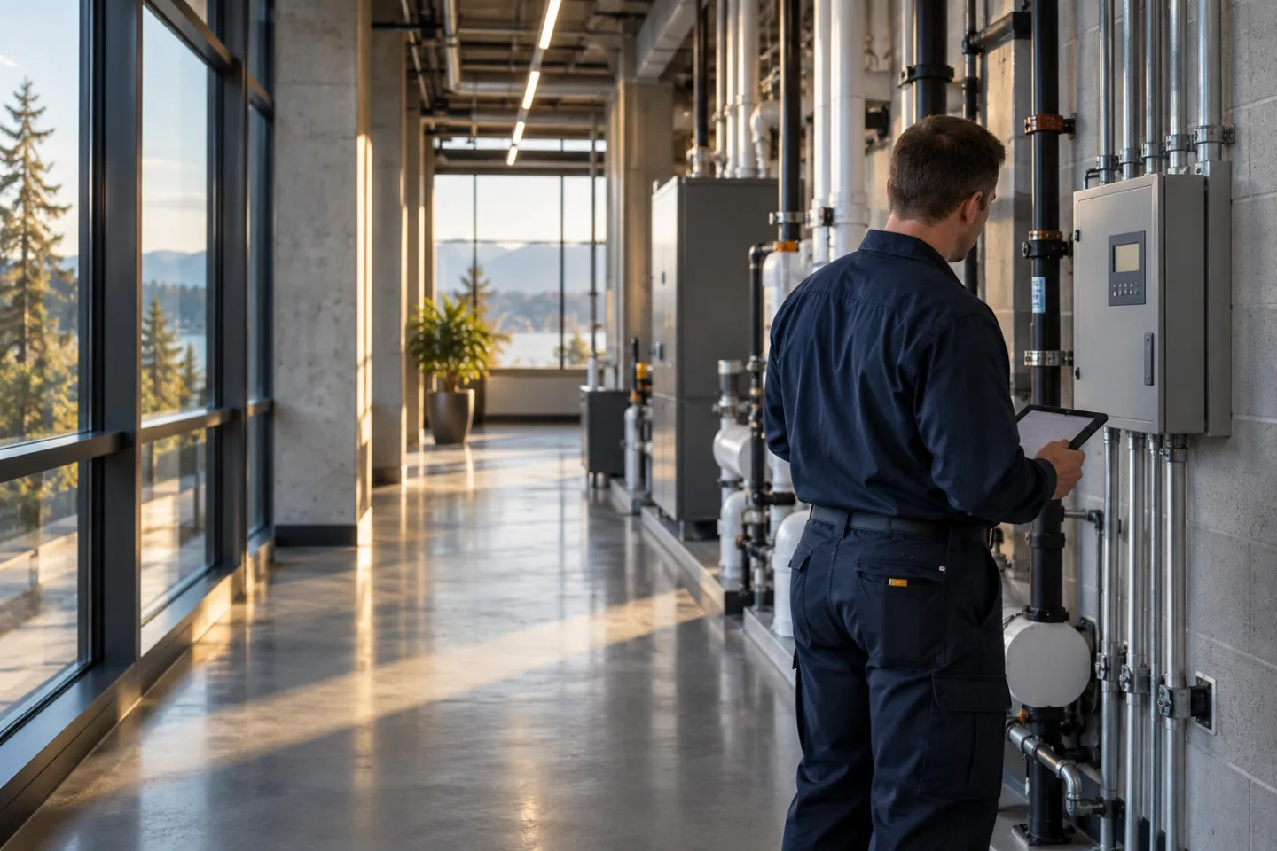 Building maintenance professional reviewing equipment in a tidy commercial service corridor