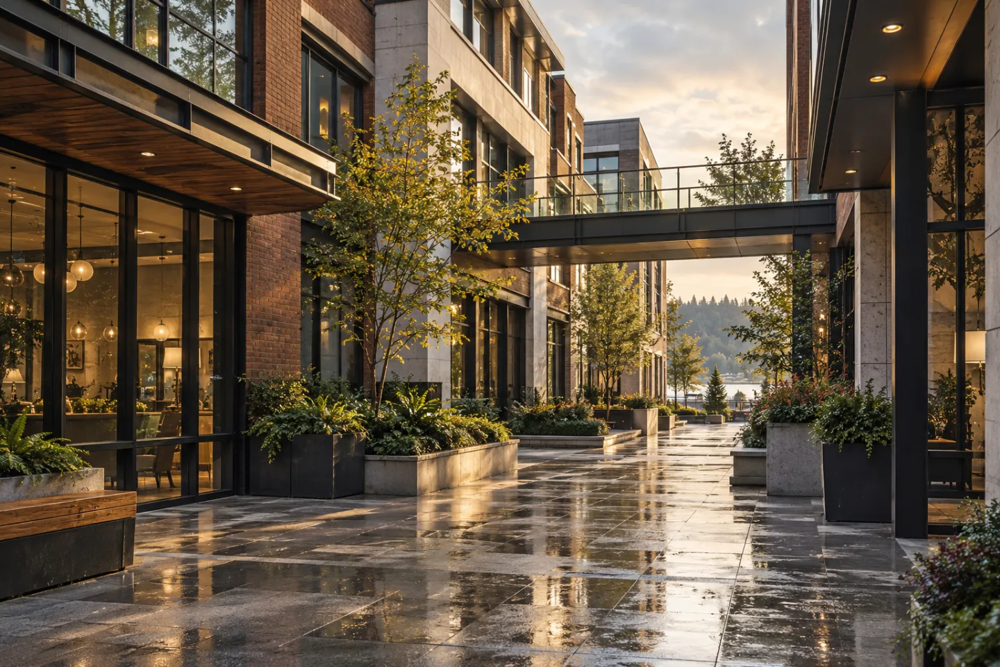 Landscaped courtyard connecting contemporary commercial office and retail buildings