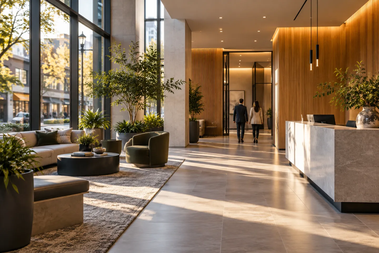 Welcoming commercial office lobby with two professionals walking toward a suite