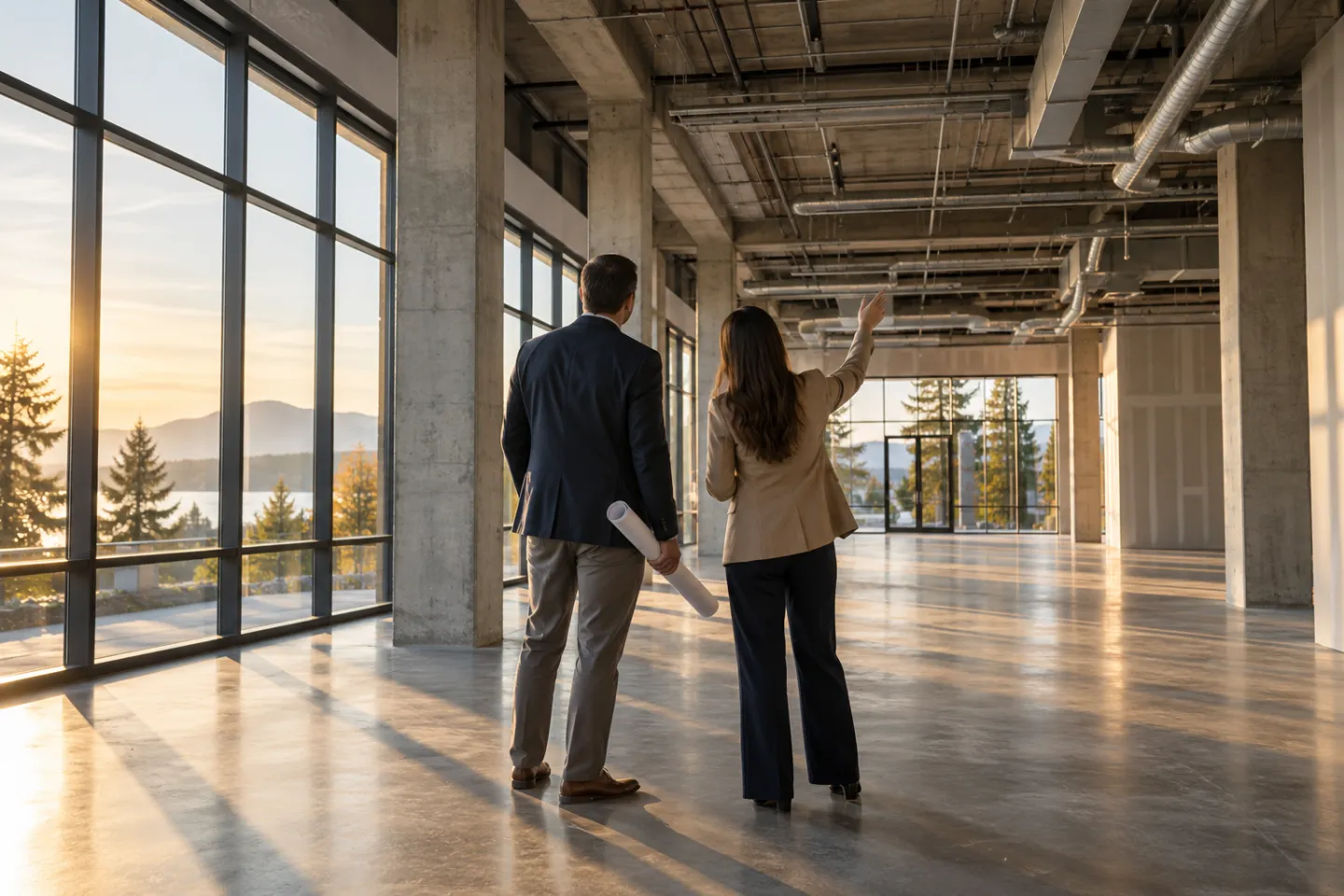 Two professionals reviewing improvement plans inside a light-filled commercial space